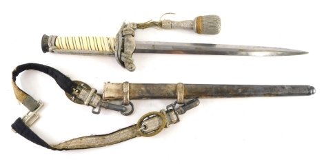 A World War II German Army officer's dagger and scabbard, the plain blade marked Horst Solingen, with turned handle and crown pommel, with associated attachments, 40cm long.