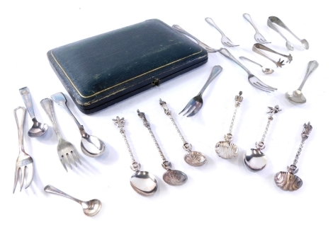 Various Apostle topped and cherub topped teaspoons, some with coin bowls, 10cm high, etc., various silver plated flatware. (a quantity)