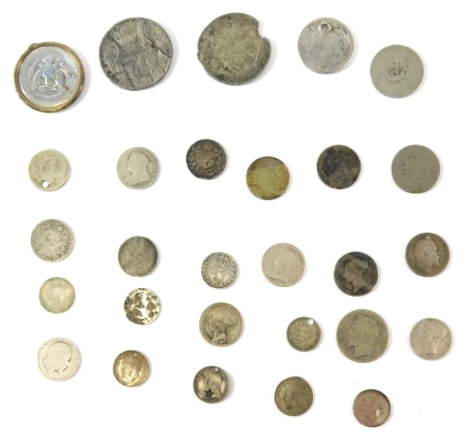 Twenty nine silver coins, Victoria and others, in very worn condition, approx 100g. (a quantity)