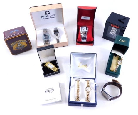 Various wristwatches, a Swiss line cased Magnificent Style ladies and gentleman's watch set, comprising 3cm wide and 2cm wide watches, other cased watches, Orlando original cost £199, Pirates Bounty Tin Fossil watch, Limit cocktail watch, Quartz wristwatc