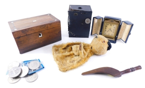 Various bygones, collectables, etc., a Sooty glove puppet, 19cm high, 19thC rosewood tea caddy, box camera, small quantity of commemorative coins, travel clock, etc. (a quantity)