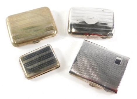 A George V silver cigarette case, partially engine turned, with a curved back, Birmingham 1921, 9cm long, a further silver cigarette case, 4.82oz, and two silver plated examples. (4)