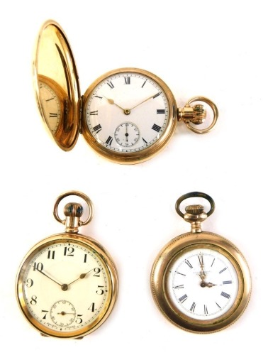 A 20thC gold plated hunter pocket watch, the 4cm diameter Roman numeric dial with subsidiary Arabic second hand, in a plain case, with plain hook top, 8cm high, a further gold plated open pocket watch and another of fancy design, with Roman numeric dial.