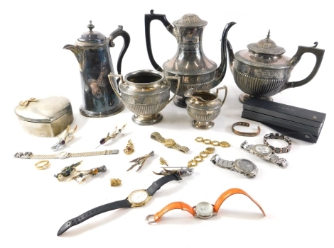 Various silver plated ware, a EPBM four piece tea and coffee service, to include coffee pot, ebonised angular scroll top handle, 27cm high, a George I style plated coffee pot, various costume jewellery, to include Elle, various other costume jewellery, et