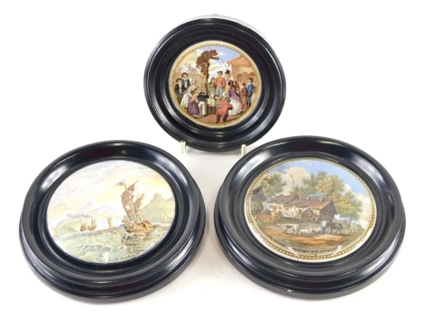 Three various 19thC Prattware pot lids, The Ning Po River, 10cm diameter, etc., each in ebonised frames. (3)