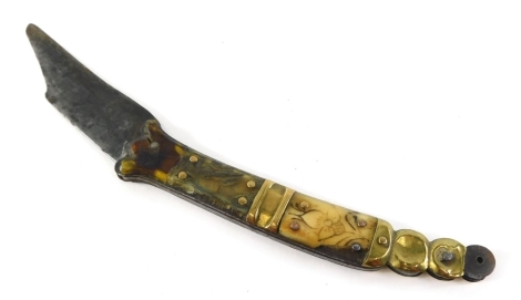 An elaborate folding knife, with turned handle set with bone sections with brass end, and shaped blade, when closed 12cm long.