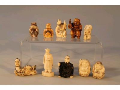 Various netsukes and a carved ivory figure