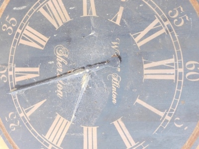 A decorative pine cased drop dial wall clock, the 36cm diameter Roman numeric Arabic dial marked Hinton, 89cm high. - 2