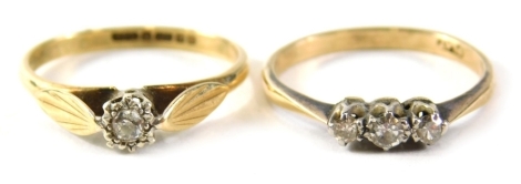 Two diamond set dress rings, comprising a 9ct gold illusion set single stone ring, ring size N, and a further example yellow metal band marked plat, with three tiny diamonds, ring size N, 3.1g all in, boxed. (2)