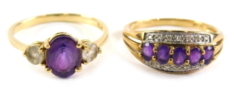 Two 9ct gold dress rings, comprising an amethyst and diamond three row ring, ring size S, and an amethyst and cz three stone ring, ring size U, 5.5g all in.