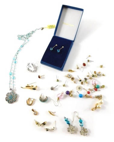 Various earrings and necklaces, comprising a pair of white metal diamond set hoop earrings, unmarked, possibly silver, various yellow metal and other stud earrings, each stone set, mainly single earrings not pairs. (a quantity)