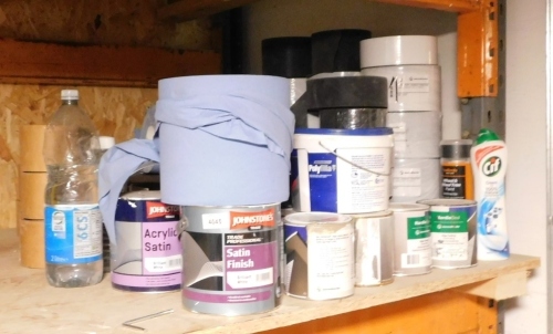 Various paints, masking and other tapes. (on top shelf and bottom shelf) VAT is also payable on the hammer price of this lot.