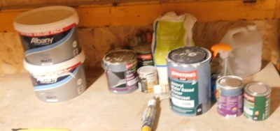 Various paints, masking and other tapes. (on top shelf and bottom shelf) VAT is also payable on the hammer price of this lot. - 2