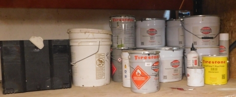 Stock of rubber cover, bonding roofing adhesive, comprising 4 x 10 litre Firestone seal and various other part opened contents. VAT is also payable on the hammer price of this lot.