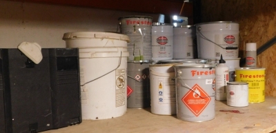 Stock of rubber cover, bonding roofing adhesive, comprising 4 x 10 litre Firestone seal and various other part opened contents. VAT is also payable on the hammer price of this lot. - 2