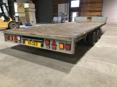 A Ifor Williams three axle low load flat bed trailer, with sides and rear, 2.25m wide, 5.5m long. For Sale by TENDER, final bids to be submitted by 9am Thursday 17th. VAT is also payable on the hammer price of this lot. - 3