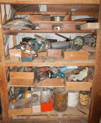 Various tools, metalware, etc. (4 shelves) Buyer Note: WARNING! This lot contains untested or unsafe electrical items. It is supplied for scrap or reconditioning only. TRADE ONLY