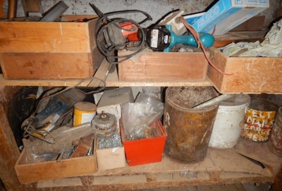 Various tools, metalware, etc. (4 shelves) Buyer Note: WARNING! This lot contains untested or unsafe electrical items. It is supplied for scrap or reconditioning only. TRADE ONLY - 3