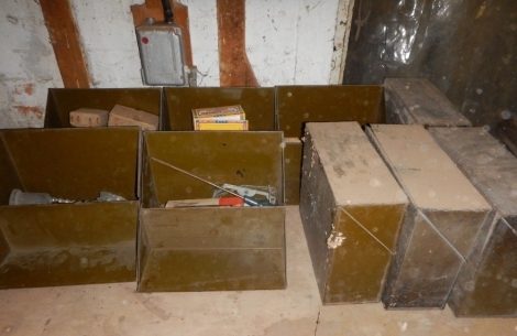 Mid century metal filing boxes, with hinged lids, and the contents. (10)