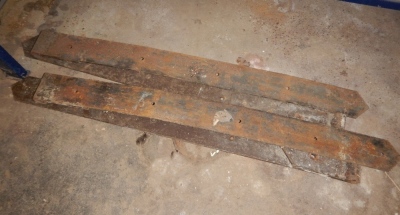 Two pairs of large cast iron door hinge straps, 84cm long.