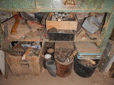 Various hand tools, chisels, hatchet sundry metalware and equipment. (One shelf below lot 1076 and below)