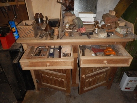 Oak Dresser and contents, including lathe, chucks, drill bits and sundry tools etc.