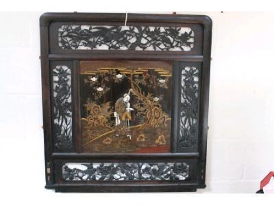 A Japanese carved rosewood double sided Shibiyama panel