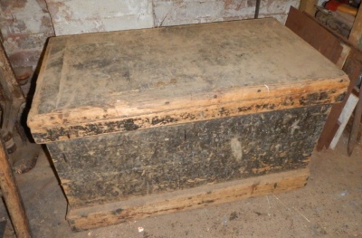 A Victorian pine carpenter's chest with carrying handle, the hinged lid opening to reveal a fitted mahogany suite of compartments and drawers, and the contents, 95cm x 54cm x 54cm.