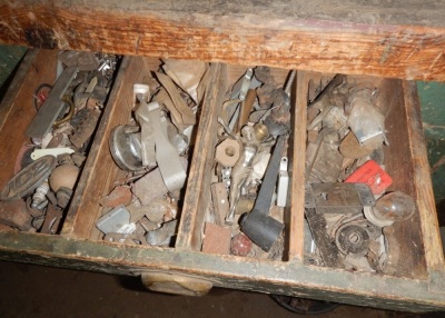 An old pine work bench fitted a drawer, electric and manual grinder and contents of drawer, (does not include the items below the bench), 120cm x 62cm x 89cm. - 2