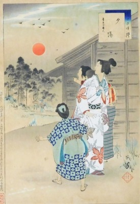 A Japanese woodblock print, Sunset: Woman of the Keian Era (1648-52), from the series Thirty-Six Elegant Selections by Toshikata Mizuno (1866-1908), 32cm x 24cm. - 6