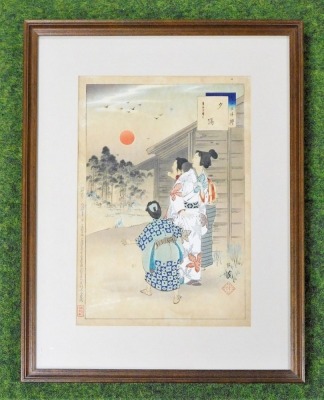 A Japanese woodblock print, Sunset: Woman of the Keian Era (1648-52), from the series Thirty-Six Elegant Selections by Toshikata Mizuno (1866-1908), 32cm x 24cm. - 9