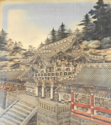 A Japanese Meiji period cut velvet picture of T&#333?sh&#333?-g&#363? Shinto shrine, 66cm x 58cm. - 3