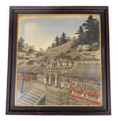 A Japanese Meiji period cut velvet picture of T&#333?sh&#333?-g&#363? Shinto shrine, 66cm x 58cm. - 4