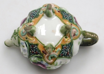 Two miniature teapots, comprising a Chinese Yixing example, decorated in enamels with flowers and butterflies, 4cm high, (AF), and a Japanese Nippon moriage decorated teapot, 5cm high. - 14