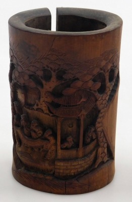 A pair of 20thC Chinese bamboo brush pots, each carved with figures in a tree lined landscape, 17.5cm high, and two porcelain ginger jars decorated with prunus blossom on a cracked ice ground, 15cm high and 16cm high (4). - 25