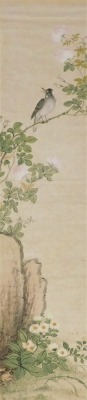 A Japanese scroll painting, of a bird on flowering branch, watercolour on silk, red seal mark, 125cm x 29cm. - 4