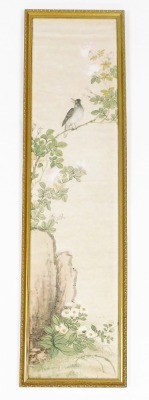 A Japanese scroll painting, of a bird on flowering branch, watercolour on silk, red seal mark, 125cm x 29cm. - 5