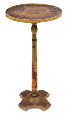 An early 20thC lacquered wood pedestal table, the circular dished top applied with figures in red and gold, on a turned column further decorated with figures on a quatrefoil base decorated with butterflies, possibly English, 67cm high. - 5