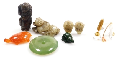 A group of Chinese jade and hardstone items, including figures, two tortoises, and a circular pendant, together with some pieces of Swarovski crystal, (a quantity). - 10