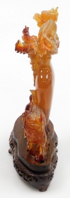 A Chinese agate carving of a vase, enveloped with two dragons and a flaming pearl, terrapin, and a ho-ho bird, raised on a hardwood stand, 21m high, (AF). - 8