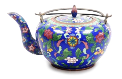 A late 19thC Chinese cloisonne teapot, with double loop brass handle, decorated with flowers and precious objects on a blue ground, 19cm wide. - 9