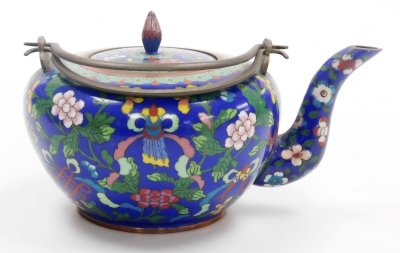 A late 19thC Chinese cloisonne teapot, with double loop brass handle, decorated with flowers and precious objects on a blue ground, 19cm wide. - 11