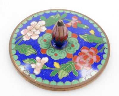 A late 19thC Chinese cloisonne teapot, with double loop brass handle, decorated with flowers and precious objects on a blue ground, 19cm wide. - 15