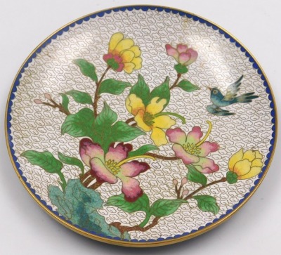 Three items of Chinese cloisonne, comprising a pair of vases and a plate, each decorated with flowers and birds on a white ground, vases 20.5cm high, plate 18cm diameter. - 12