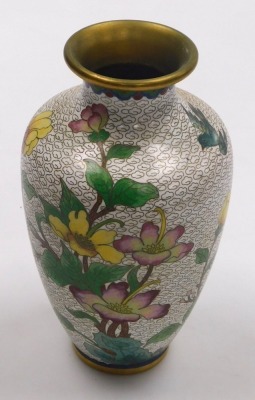 Three items of Chinese cloisonne, comprising a pair of vases and a plate, each decorated with flowers and birds on a white ground, vases 20.5cm high, plate 18cm diameter. - 13