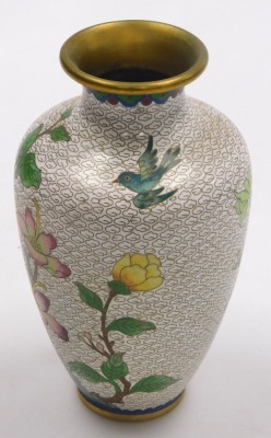 Three items of Chinese cloisonne, comprising a pair of vases and a plate, each decorated with flowers and birds on a white ground, vases 20.5cm high, plate 18cm diameter. - 14