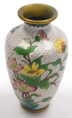 Three items of Chinese cloisonne, comprising a pair of vases and a plate, each decorated with flowers and birds on a white ground, vases 20.5cm high, plate 18cm diameter. - 17