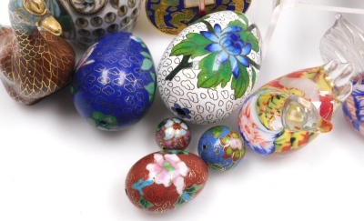 A group of modern cloisonne, to include owls, 5cm high, birds, eggs, cello with thermometer, 12cm high, etc. - 9