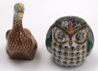 A group of modern cloisonne, to include owls, 5cm high, birds, eggs, cello with thermometer, 12cm high, etc. - 10