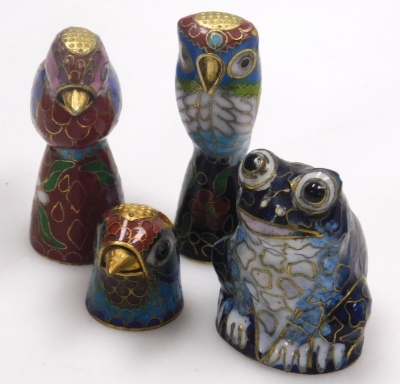 A group of modern cloisonne, to include owls, 5cm high, birds, eggs, cello with thermometer, 12cm high, etc. - 12